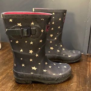 Joules, girls rain boots, navy, pink stripe, stars- size 13